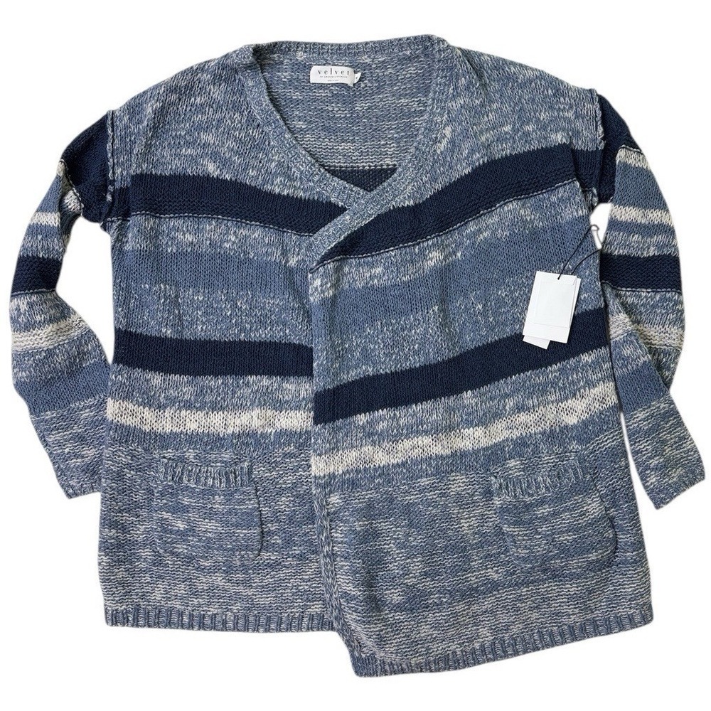 NWT Velvet By Graham & Spencer Women M Cardigan Sweater Cotton Wool Linen Stripe